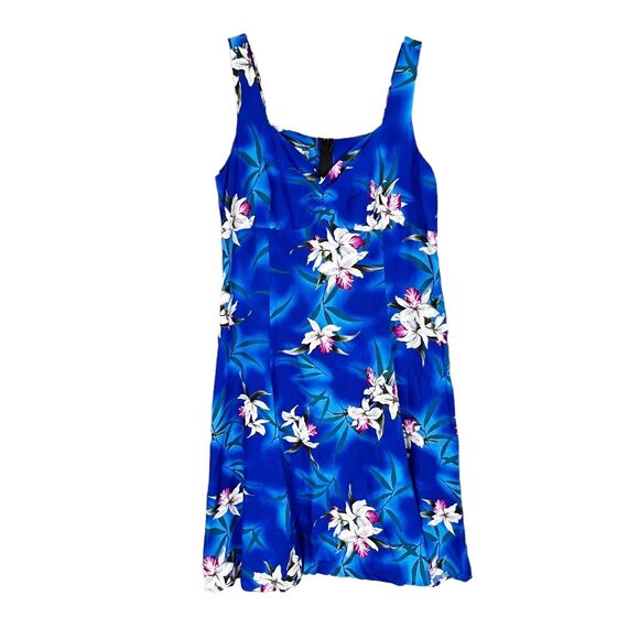 Two Palms Flare Midi Hawaiian Dress Sweetheart Neck Blue w White Pink Orchid 2XL - Picture 1 of 9